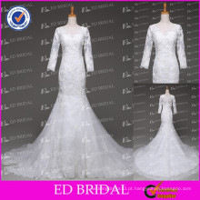 Fotos reais Elegant Mermaid Manga comprida Lace Appliqued See-through Back Wedding Dresses